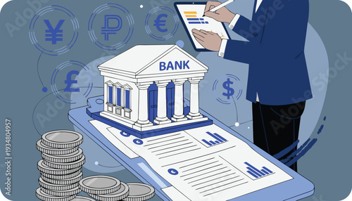 Bank Building on Smartphone with Currency Symbols and Financial Data des