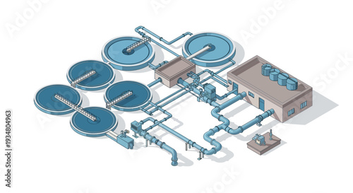 Wastewater treatment plant isometric illustration, showing a complex industrial facility with tanks, pipes, and buildings for water purification processes
