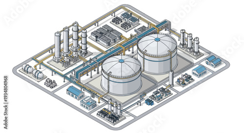 Industrial complex featuring large storage tanks, processing units, and pipelines, illustrated in a detailed isometric view