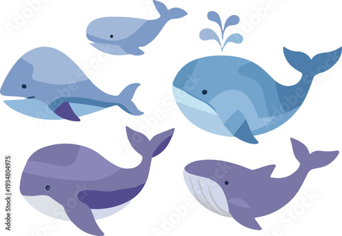 Cute Whale Cartoon Collection Blue and Purple Marine Animals Vector Illustration Set for Kids Design