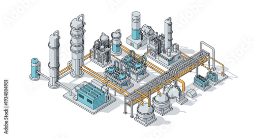 Industrial Chemical Plant with Pipelines and Towers - Manufacturing and Processing Facility