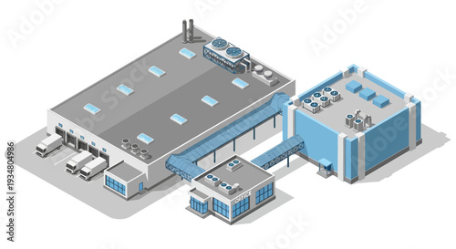 Isometric factory with loading docks and adjoining building, representing industrial production and logistics