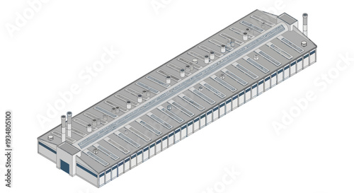 Industrial building with a long, low profile, featuring multiple chimneys and a clear roof structure for natural light