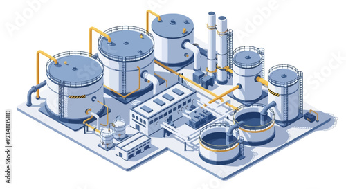 Industrial Processing Plant with Storage Tanks and Pipelines - Isometric View