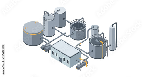 Industrial facility with tanks and pipelines, illustration of a chemical plant