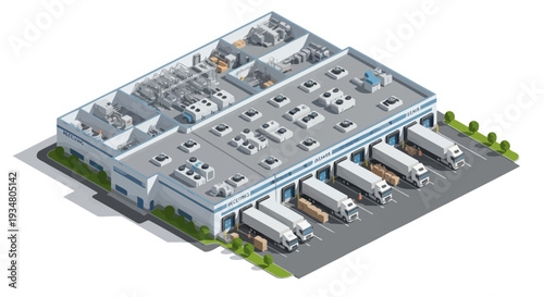 Isometric view of a logistics and distribution center with multiple loading docks and trucks, showcasing efficient warehouse operations