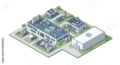 Isometric illustration of a large industrial factory complex with various buildings and machinery, depicting manufacturing and production processes within a stylized urban setting