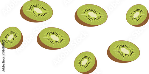 Fresh Kiwi Fruit Slices Isolated on Light Background, Healthy Organic Tropical Food Vector Illustration Set