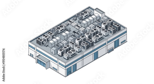 Commercial Building Rooftop HVAC System with Numerous Cooling Units and Vents