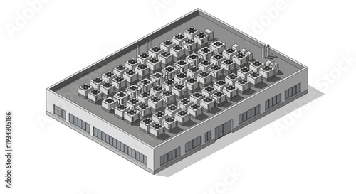 Rooftop HVAC units on a commercial building, isometric view of industrial machinery for climate control