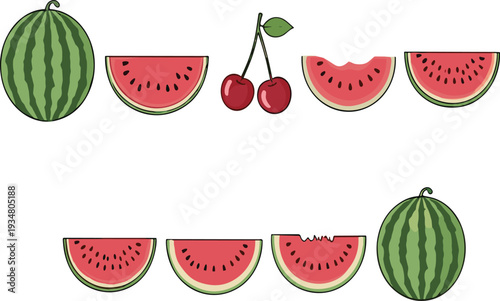 Fresh Watermelon and Cherry Fruit Collection Hand Drawn Summer Vector Illustration Set Isolated on White