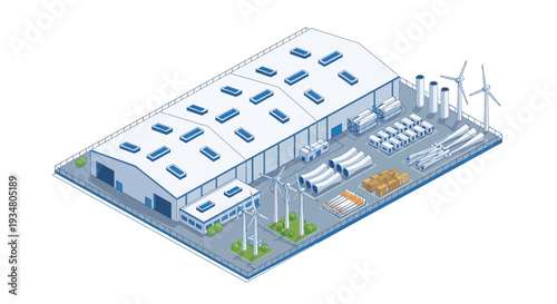 Industrial manufacturing facility with renewable energy sources, including solar panels and wind turbines, showcasing sustainable production
