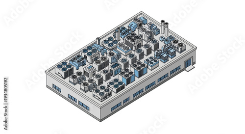 An overhead view of a building's rooftop HVAC system featuring numerous units and a chimney, illustrating industrial infrastructure