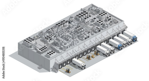 Modern industrial logistics warehouse with loading docks and trucks, showcasing efficient distribution center operations