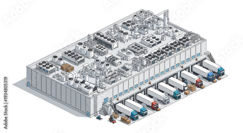 Isometric illustration of a large-scale distribution and logistics warehouse with trucks at loading docks, representing modern supply chain operations and efficient warehousing