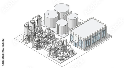 Industrial facility with storage tanks and a building, featuring complex piping and machinery, showcasing manufacturing processes and infrastructure