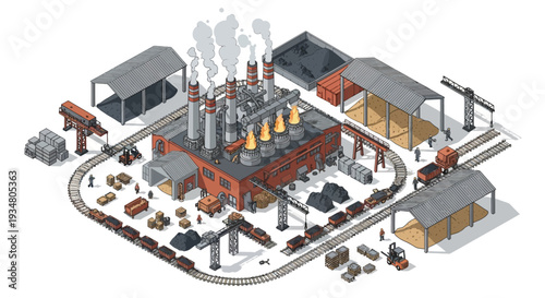 Isometric illustration of an industrial factory with a power plant, coal storage, and railway for logistics and production, depicting heavy industry and manufacturing