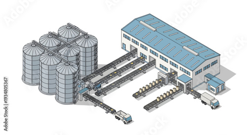 Industrial grain storage and processing facility with conveyor belts and trucks