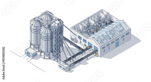 Industrial factory building with silos and conveyor belts, illustration of manufacturing and production