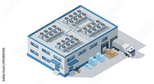 Illustration of a modern industrial building with loading docks and a delivery truck, showcasing logistics and supply chain operations
