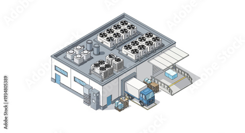 Industrial building with loading dock and air conditioning units on the roof for logistics and supply chain operations