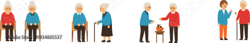 Senior People Daily Life Activities Vector Illustration Set with Elderly Characters Sitting Walking and Socializing