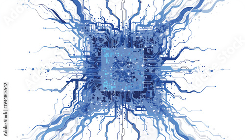 Blue Abstract Neural Network With Square Central Processor And Wavy Outward Connections