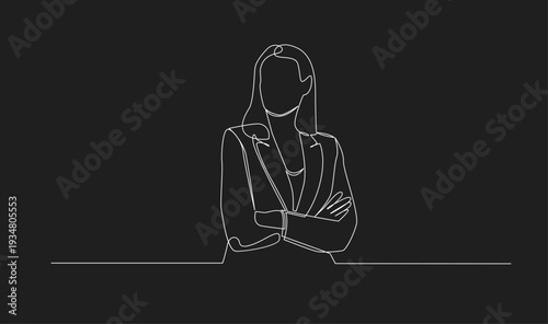 Continuous Line Drawing of Confident Businesswoman in Suit with Crossed Arms