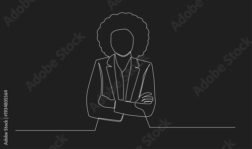 Single line drawing of a confident businesswoman with afro hair and arms crossed