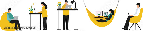 Remote Work and Freelance Lifestyle Vector Illustration Set with People Working on Laptops at Home Office