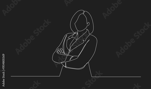 Continuous Line Drawing of Confident Business Woman in Blazer with Arms Crossed on Black Background