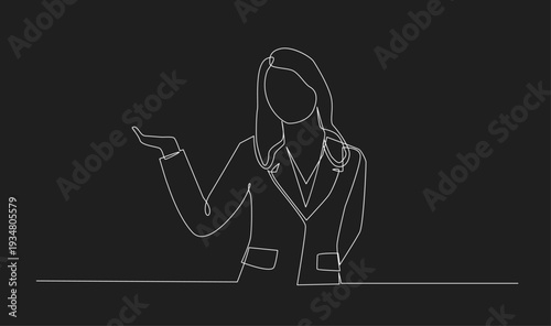 Continuous Line Drawing of Businesswoman Gesturing with Open Hand on Black Background