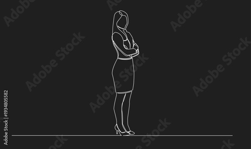 Continuous Line Drawing of a Confident Woman Standing with Arms Crossed in Side Profile