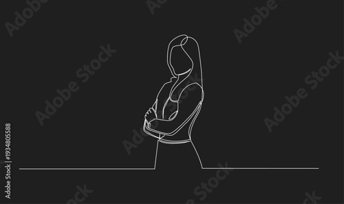 Continuous line art drawing of a confident woman standing with arms crossed, minimalist design.