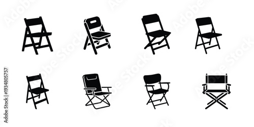 Modern folding chair silhouette set, Black camping, Director and event seat vector