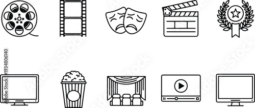 A set of vector line art illustrations featuring film and theater icons in silhouette mode