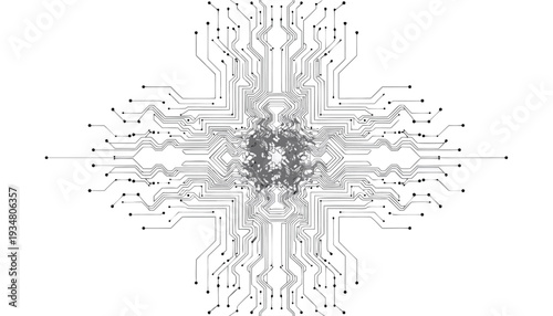 Detailed black and white of a complex electronic circuit board with a central cluster and