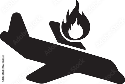 Airplane on fire icon, symbol of danger and emergency