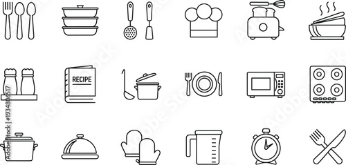 Kitchen and Cooking Line Icons Set with Utensils, Chef Hat, Toaster, Microwave, Recipe Book, Pot, Timer and Food Preparation Concepts