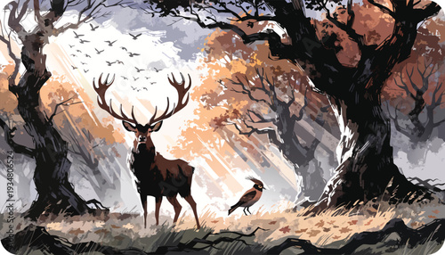 Dark antlered stag stands in a misty, stylized forest with bare trees, a small bird, and sunbeams