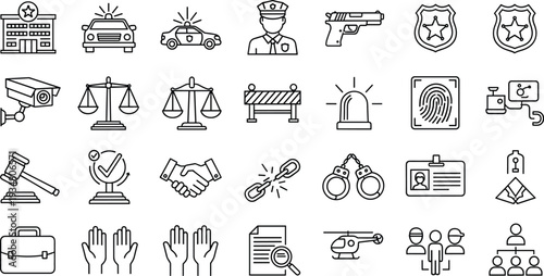 Law Enforcement and Criminal Justice Line Icons Set with Police Officer, Court, Handcuffs, Surveillance, Fingerprint and Legal Investigation Concepts