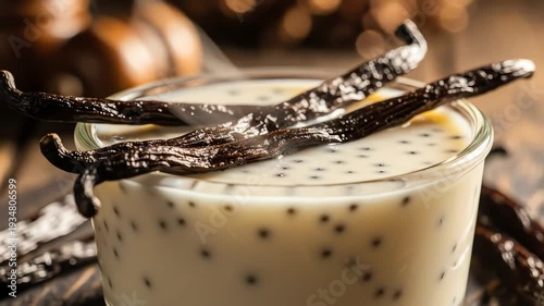 Close up of a refreshing drink with vanilla beans and seeds