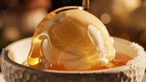 Close up of sweet creamy dessert with honey drizzle in a decorative bowl