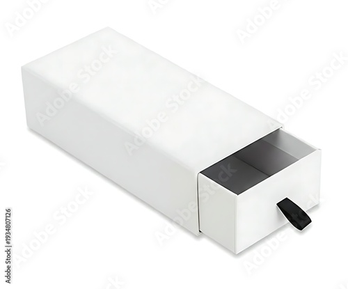 Blank white paper sliding box with black ribbon pull isolated on white background