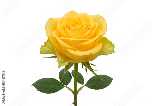 A vibrant yellow rose standing elegantly against a plain white background