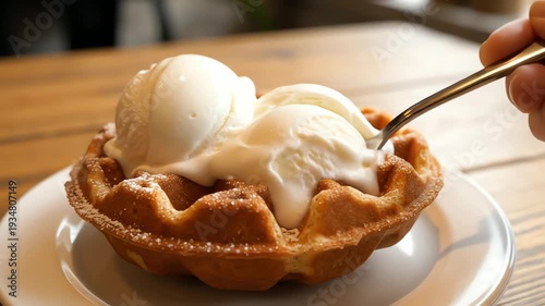 Close up of waffle with ice cream on white plate