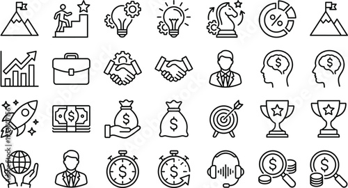 Modern Thin Line Business and Financial Success Icons Set with Growth, Investment, Leadership, Target, Profit and Achievement Symbols