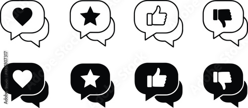 A set of vector line art speech bubbles with various icons in silhouette mode for social media