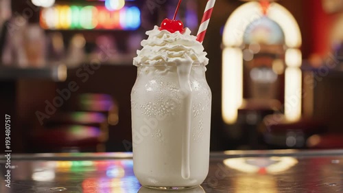 Milkshake with whipped cream and cherry against a blurred background