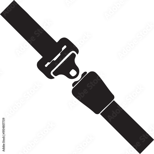 Black seat belt buckle and strap safety restraint system icon for automotive and travel isolated on white background